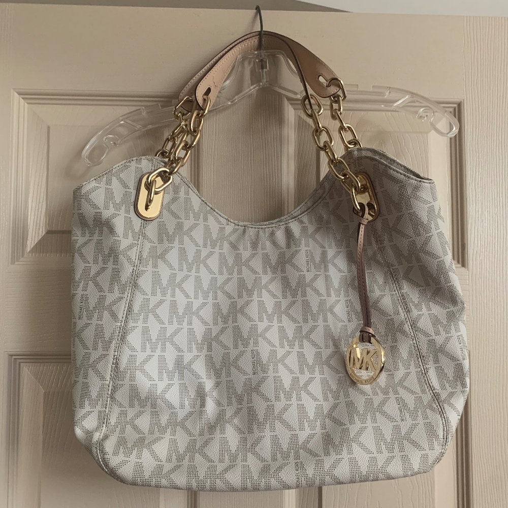 Michael Kors Beige Logo Leather Shoulder Handbag